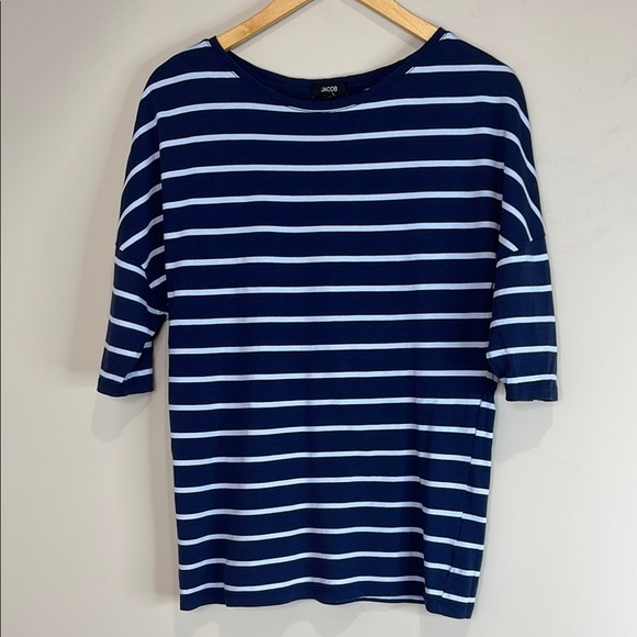 Jacob Striped Boxy Dolmen Short Sleeve Tee Navy and Baby Blue Sailor Nautical M - Picture 11 of 11
